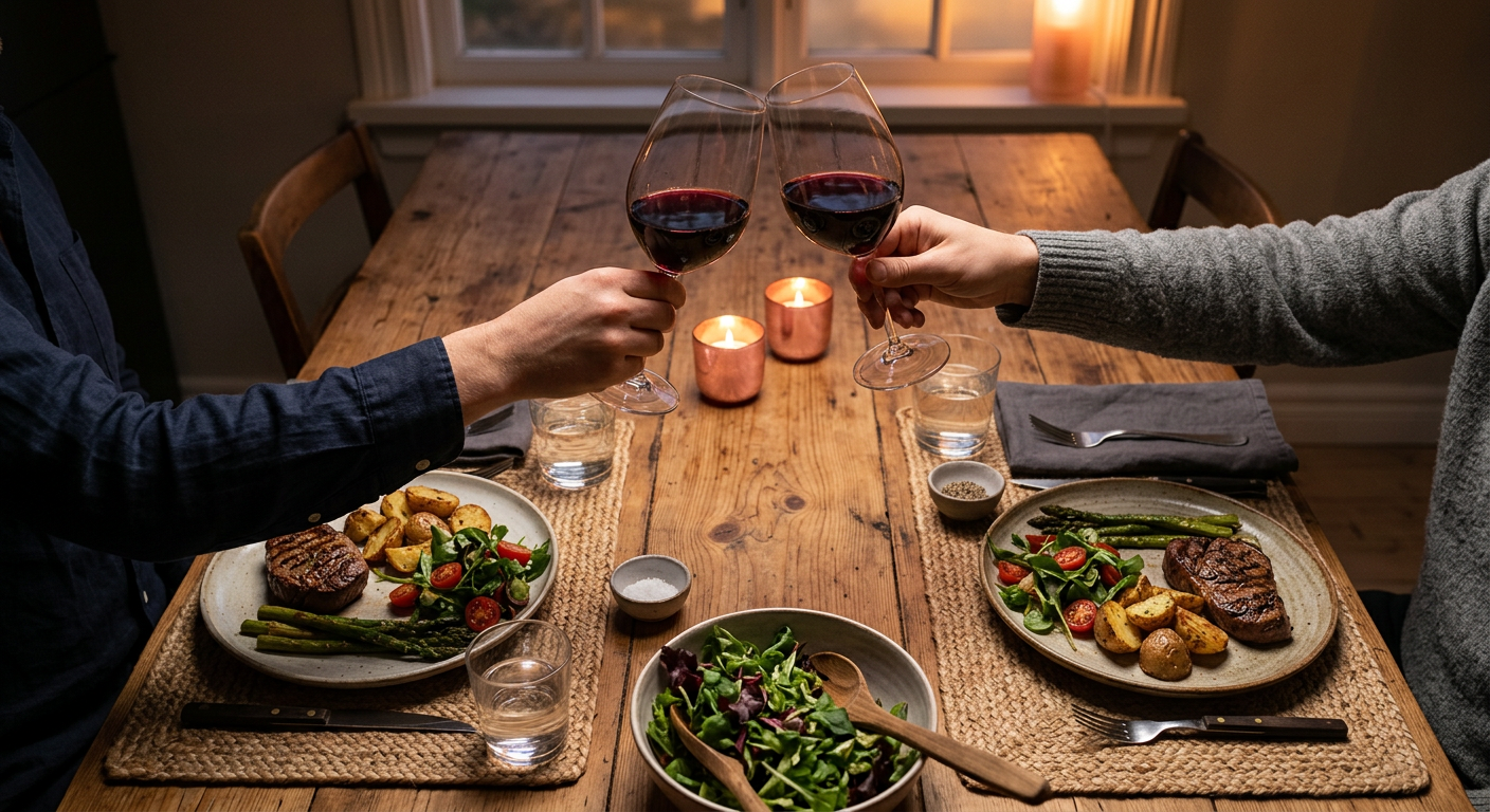 Deux personnes trinquent au-dessus d’une table en bois, deux bougies allumées entre les assiettes
