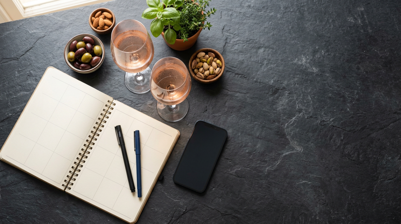 Un agenda papier ouvert, deux verres de rosé et un téléphone posés sur une table d'ardoise