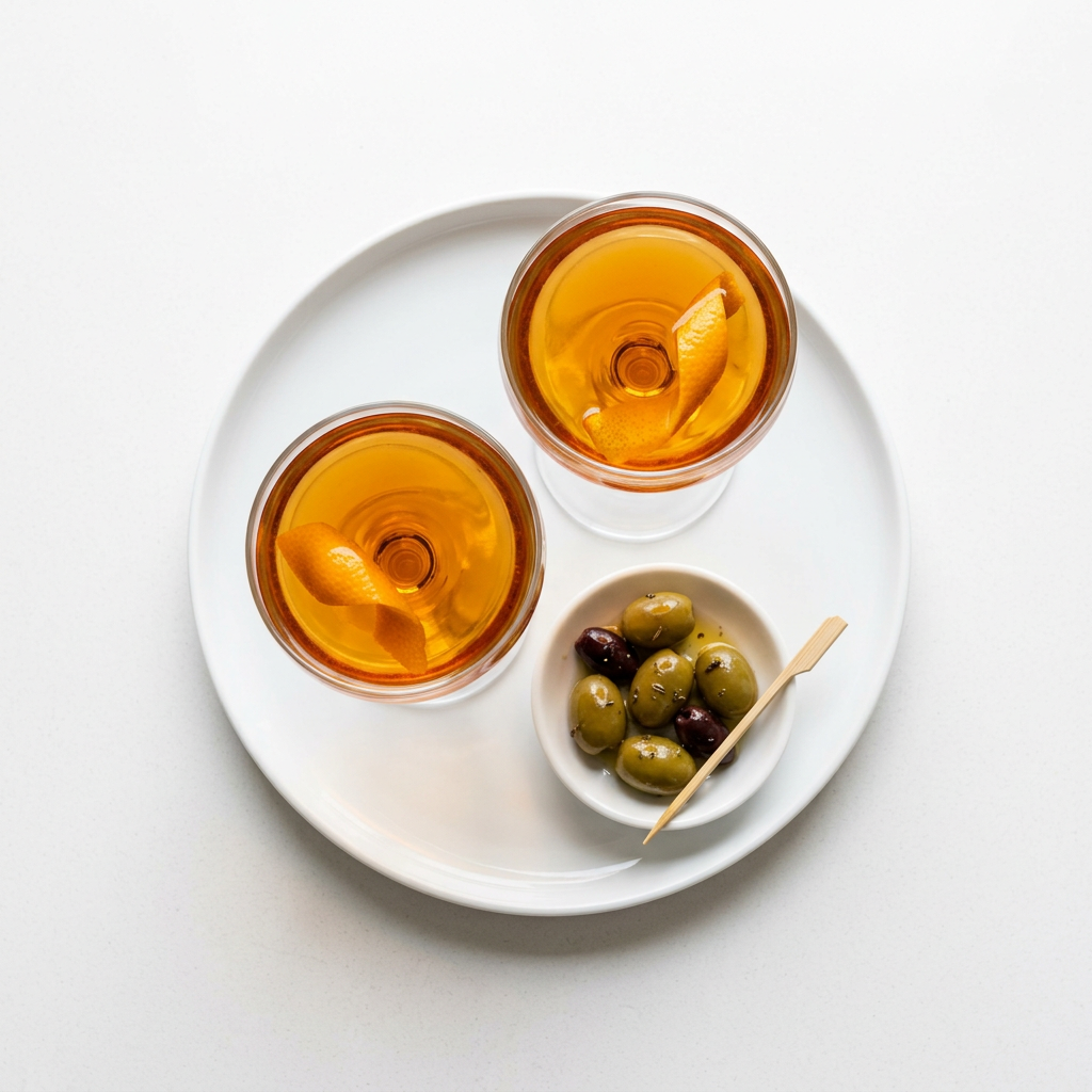 Deux verres d’apéritif ambré avec des olives, vus de dessus