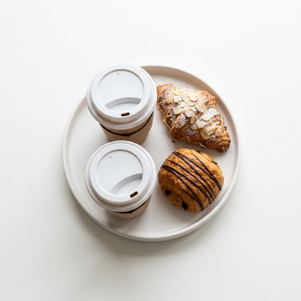 Deux cafés à emporter et deux viennoiseries sur un plateau