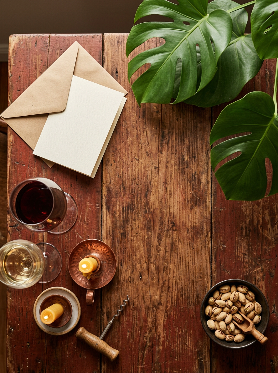 Vue de dessus d’une table en bois : enveloppe kraft, deux verres, une bougie et des feuilles de monstera